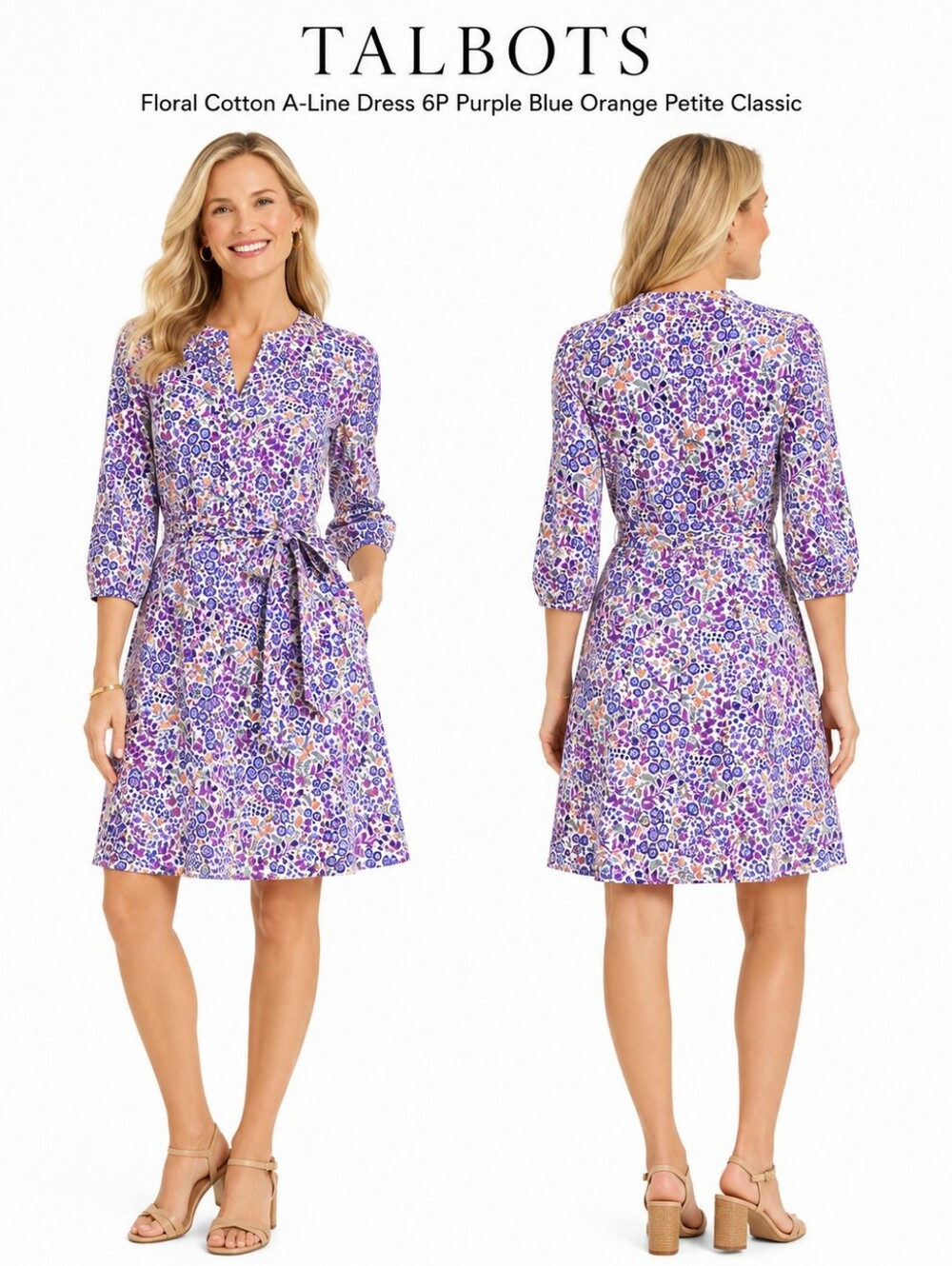 Talbots Floral Cotton A-Line Dress 6P Purple Blue Orange Petite Classic